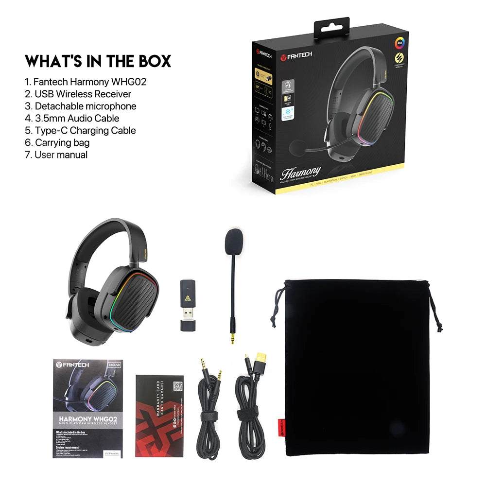 FANTECH Harmony PRO WHG02P 7.1 Surround Sound Gaming Headset Bluetooth 5.3 2.4G Wireless Headphones With Detachable Mic