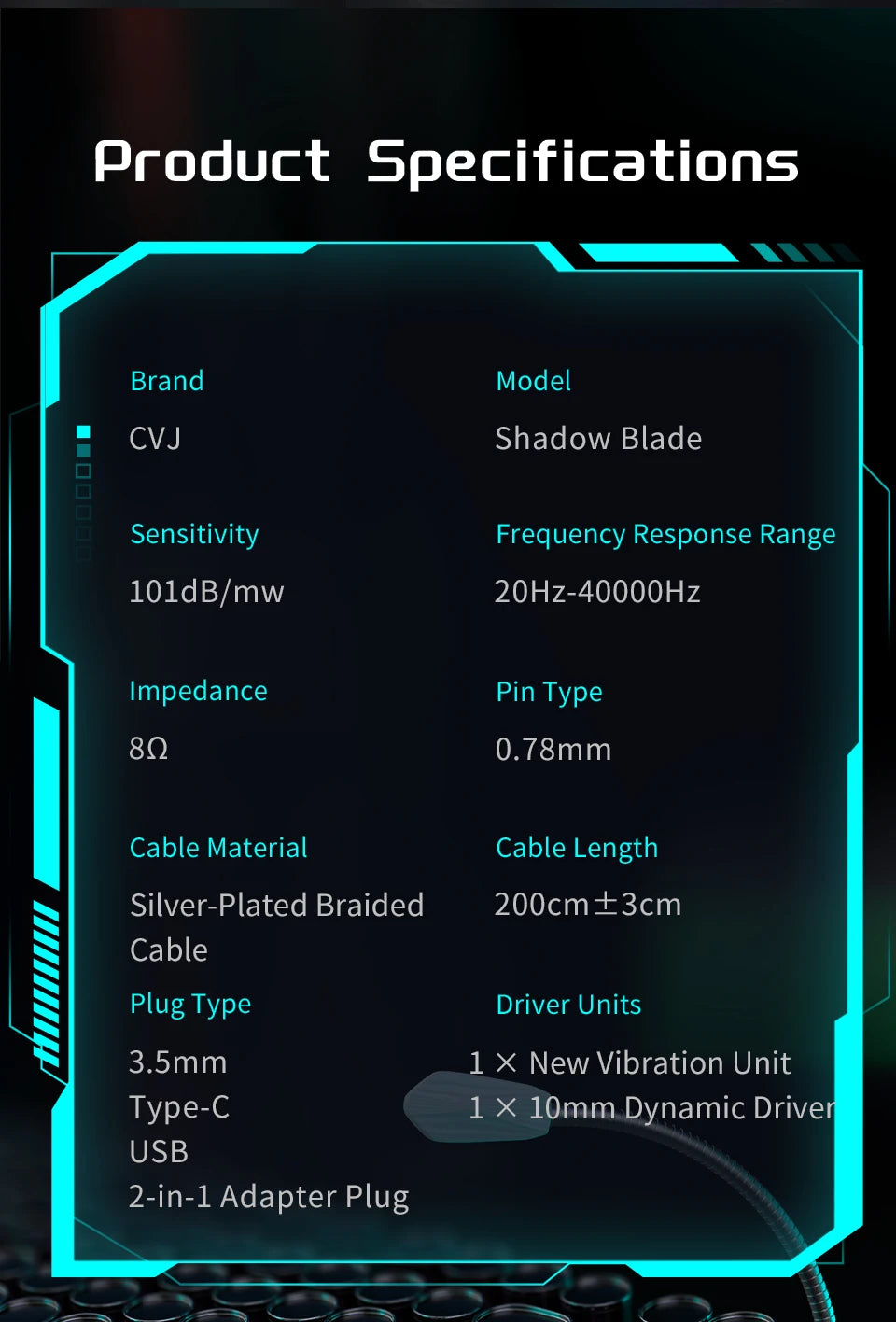 CVJ Shadow Blade HIFI Wired in-ear Earphones Dynamic Driver + Vibration Unit Vibration Music Gaming IEM with HD MIC Tuning Tubes