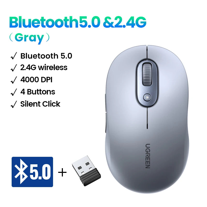 UGREEN Wireless Mouse Bluetooth 2.4G Ergonomic Silent Mute Gaming Mouse With AA Battery for Computer PC MacBook Laptop