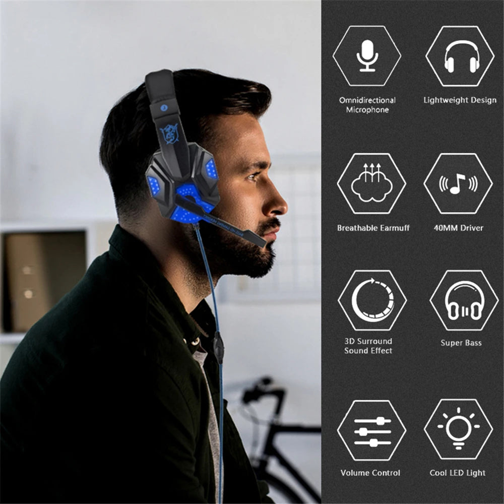 LED Light Wired Gaming Headphones With Microphone Noise-cancelling Gamer Headset for PC Computer Laptop PS4 PS5 Xbox