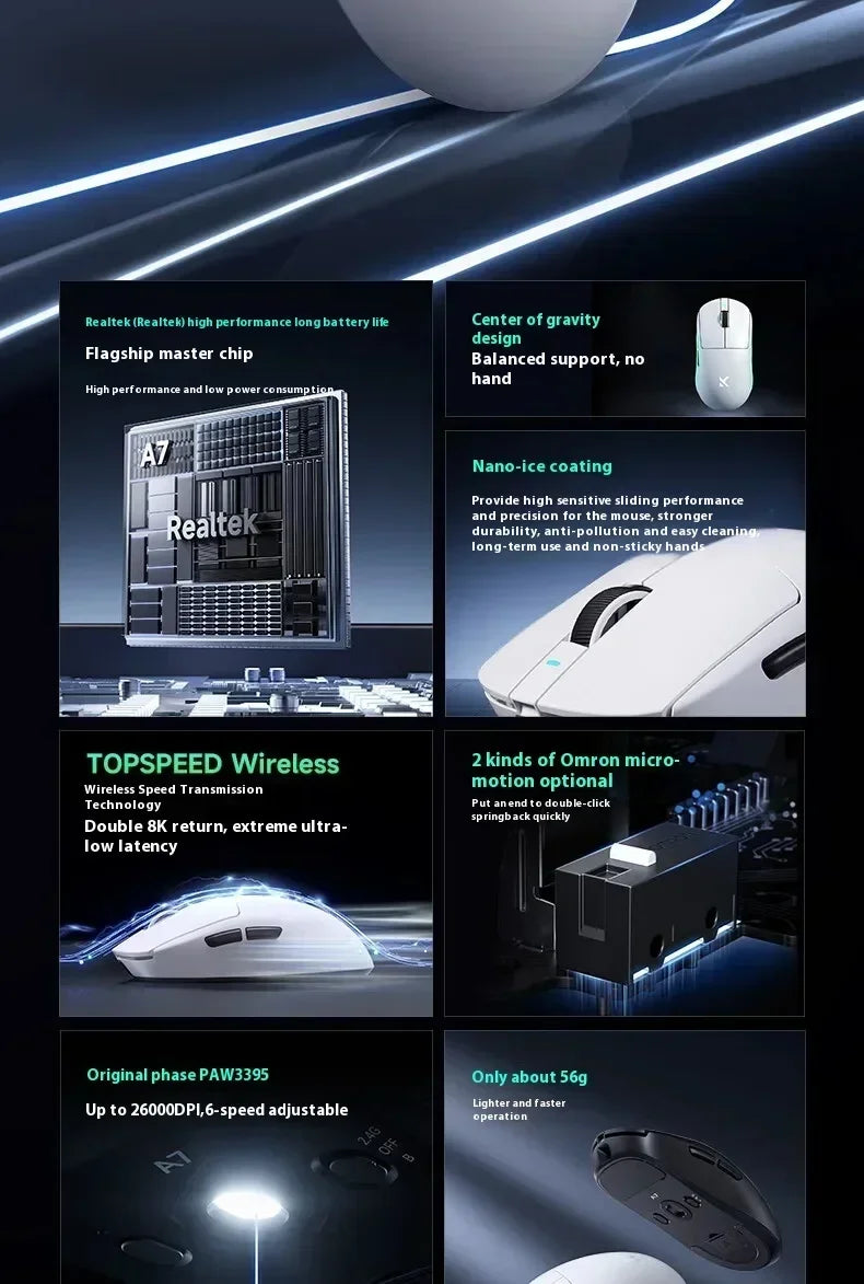 MCHOSE A7 Series Mouse PAW3950 8K Top Speed Receiver Ergonomics 2.4G Wireless Gaming E-Sports Mice Customized PC Accessory Gifts