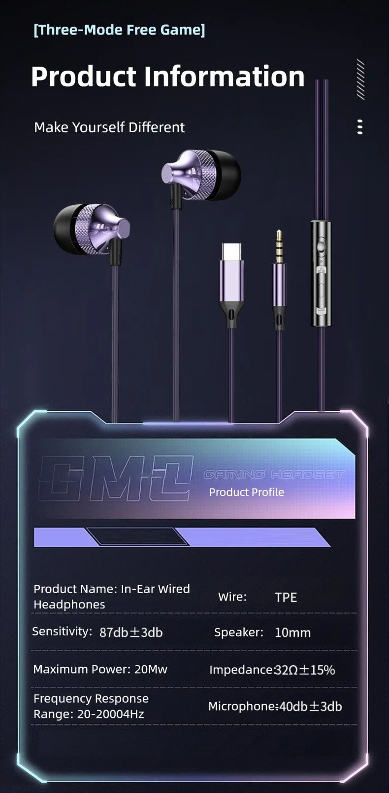 For Samsung Galaxy Gaming Wired Headphones Type C 3.5mm Heavy Bass In-Ear Earphones With Mic Phone Tablet PC HIFI Music Earbuds