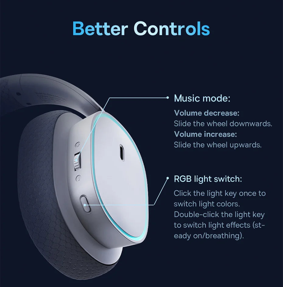Baseus GH02 Wireless Gaming Headsets with Mic Headphones Bluetooth 5.3 40mm Driver 2.4G/Wireless/Cable RGB Overhead Headphone