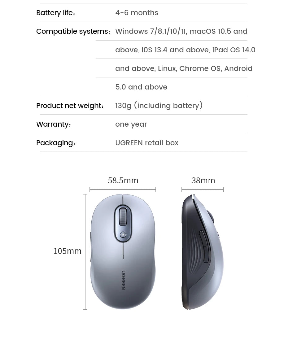 UGREEN Wireless Mouse Bluetooth 2.4G Ergonomic Silent Mute Gaming Mouse With AA Battery for Computer PC MacBook Laptop