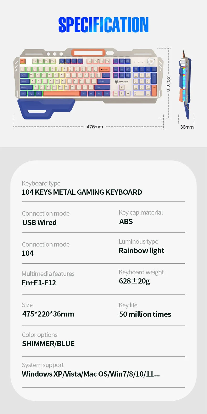 Gaming Keyboard 100% Layout Mechanical Feel 104 Key Spanish Russian Korean Arabic Keyboard Gamer Wired RGB Volume Knob Mouse K90