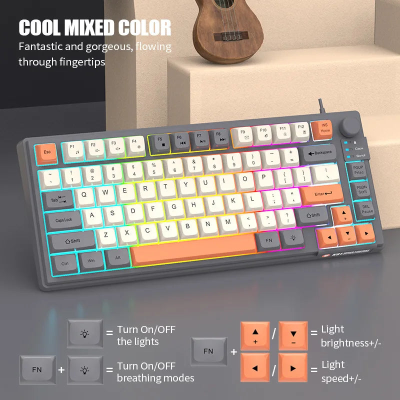 Keyboard K81 Gaming Keyboard 81 Key 80% Layout Spanish Russian Korean Arabic Keyboard USB Wired RGB Light Volume Knob Ergonomics