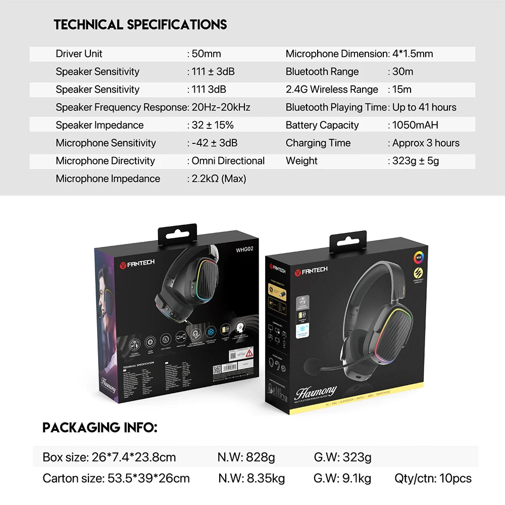 FANTECH Harmony PRO WHG02P 7.1 Surround Sound Gaming Headset Bluetooth 5.3 2.4G Wireless Headphones With Detachable Mic