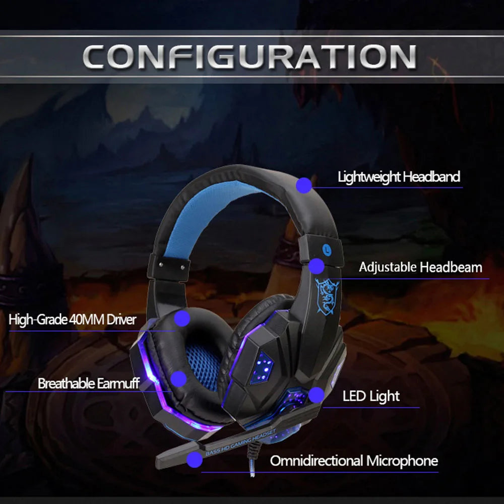 LED Light Wired Gaming Headphones With Microphone Noise-cancelling Gamer Headset for PC Computer Laptop PS4 PS5 Xbox