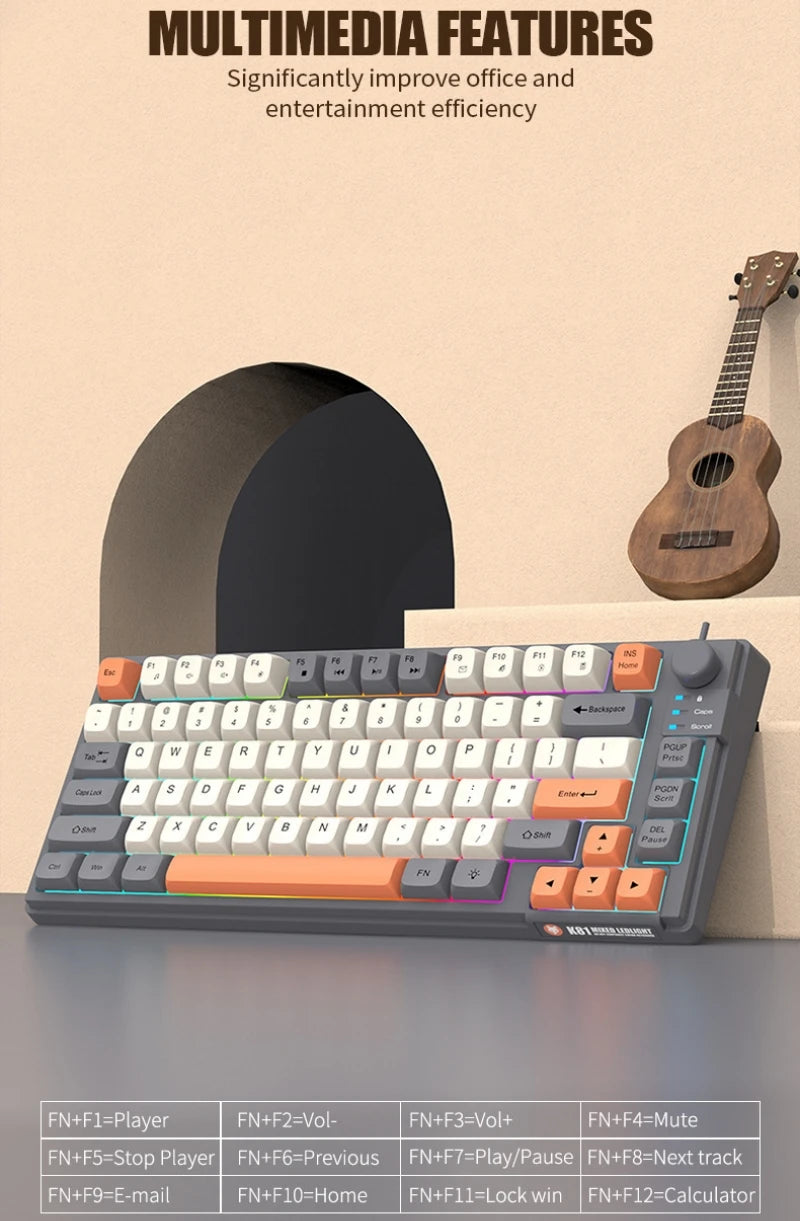 Keyboard K81 Gaming Keyboard 81 Key 80% Layout Spanish Russian Korean Arabic Keyboard USB Wired RGB Light Volume Knob Ergonomics