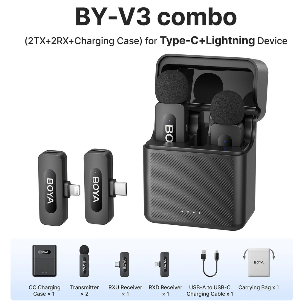 BOYA BY-V3 Wireless Lavalier Lapel Mirophone Noise-cancelling Rechargeable Mic for iPhone Android Camera Live Streaming Vlogging