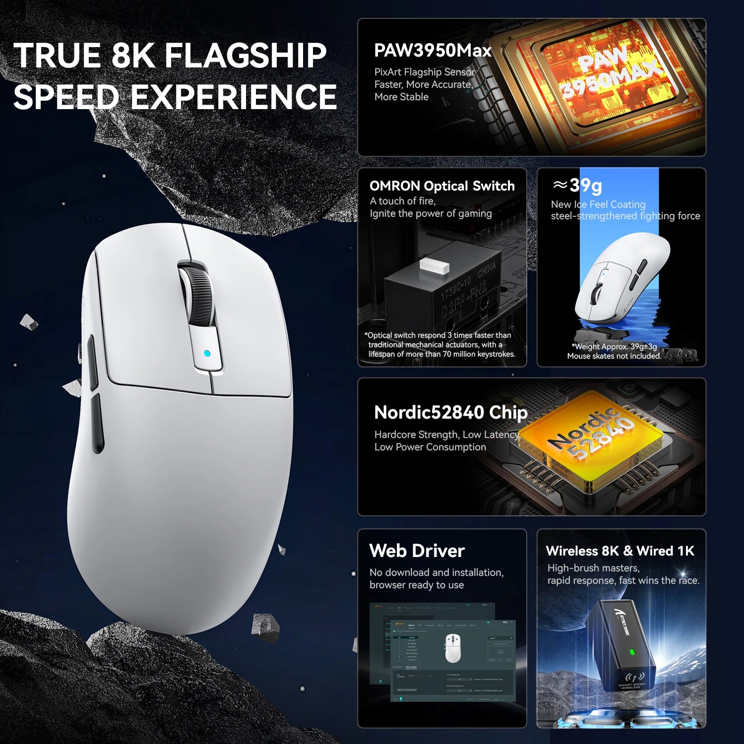 ATTACK SHARK R6 Ultralight 39g Wireless 8K Gaming Mouse, PAW3950MAX Sensor, Nordic 52840, 42K DPI, 2.4G/BT/Wired, for PC/MAC