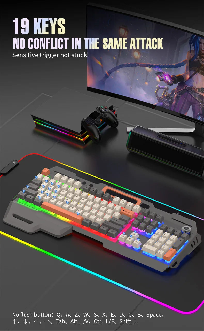 Gaming Keyboard 100% Layout Mechanical Feel 104 Key Spanish Russian Korean Arabic Keyboard Gamer Wired RGB Volume Knob Mouse K90