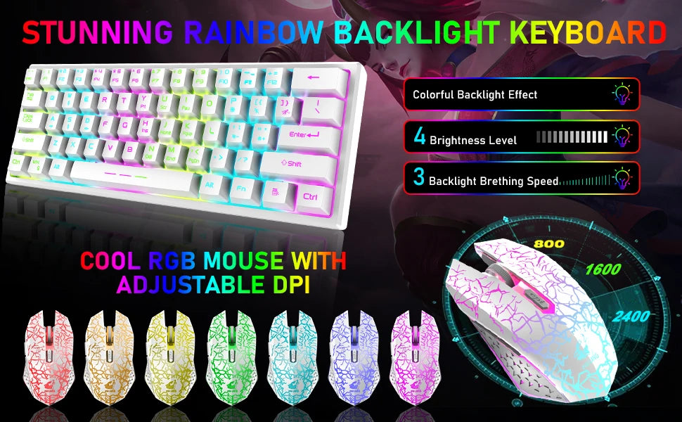 T61 Wireless Gaming Keyboard and Mouse Combo, Ergonomic 61 Key Rainbow LED Backlight Rechargeable 4000mAh Battery Mouse Pad