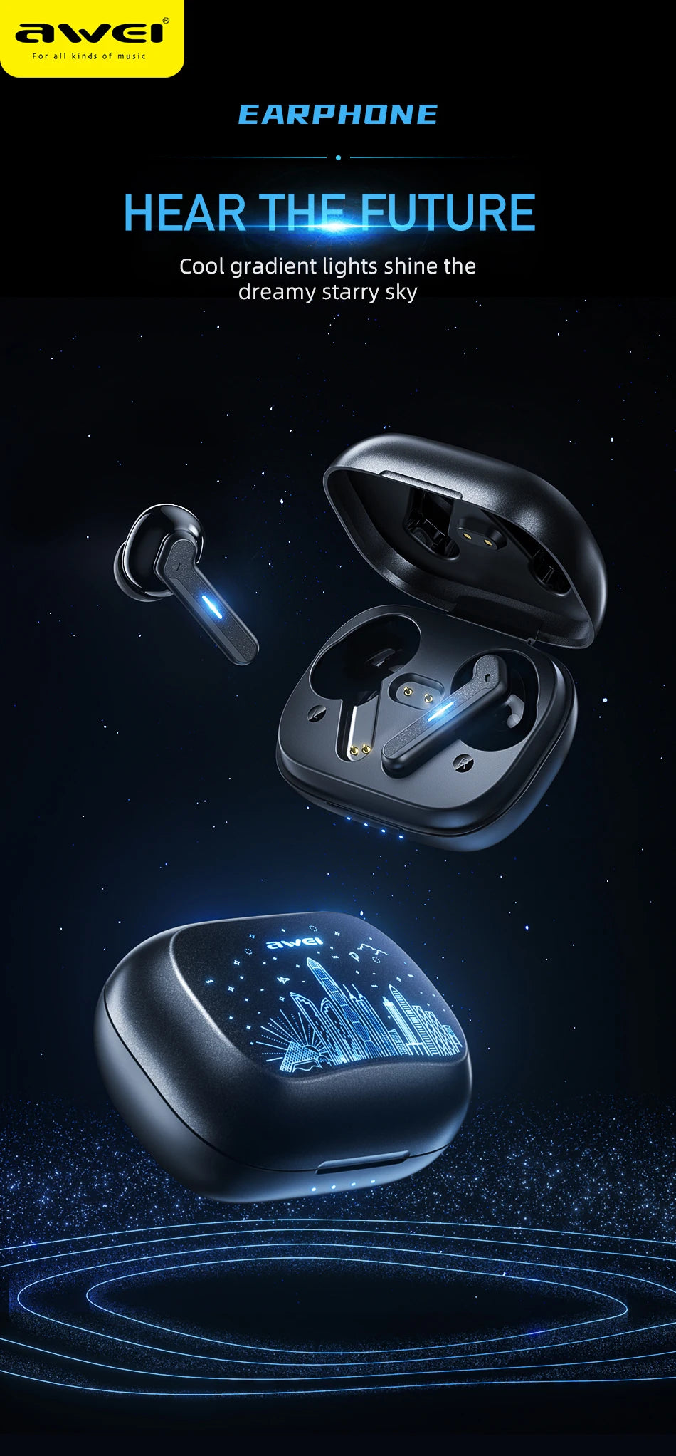Awei T53 TWS Bluetooth Earbuds Gaming Wireless Headphones Call Noise Reduction Earphones with Shenzhen HongKong RGB Light