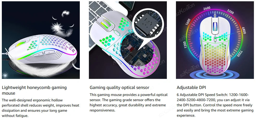 RGB Wired Gaming Mouse Ergonomic Design Mouses 6Levels Adjustable 7200DPI with Backlight for Office Computer PC Gamer