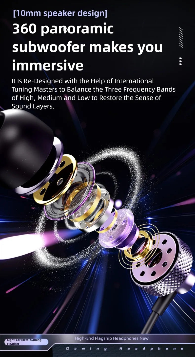 For Samsung Galaxy Gaming Wired Headphones Type C 3.5mm Heavy Bass In-Ear Earphones With Mic Phone Tablet PC HIFI Music Earbuds