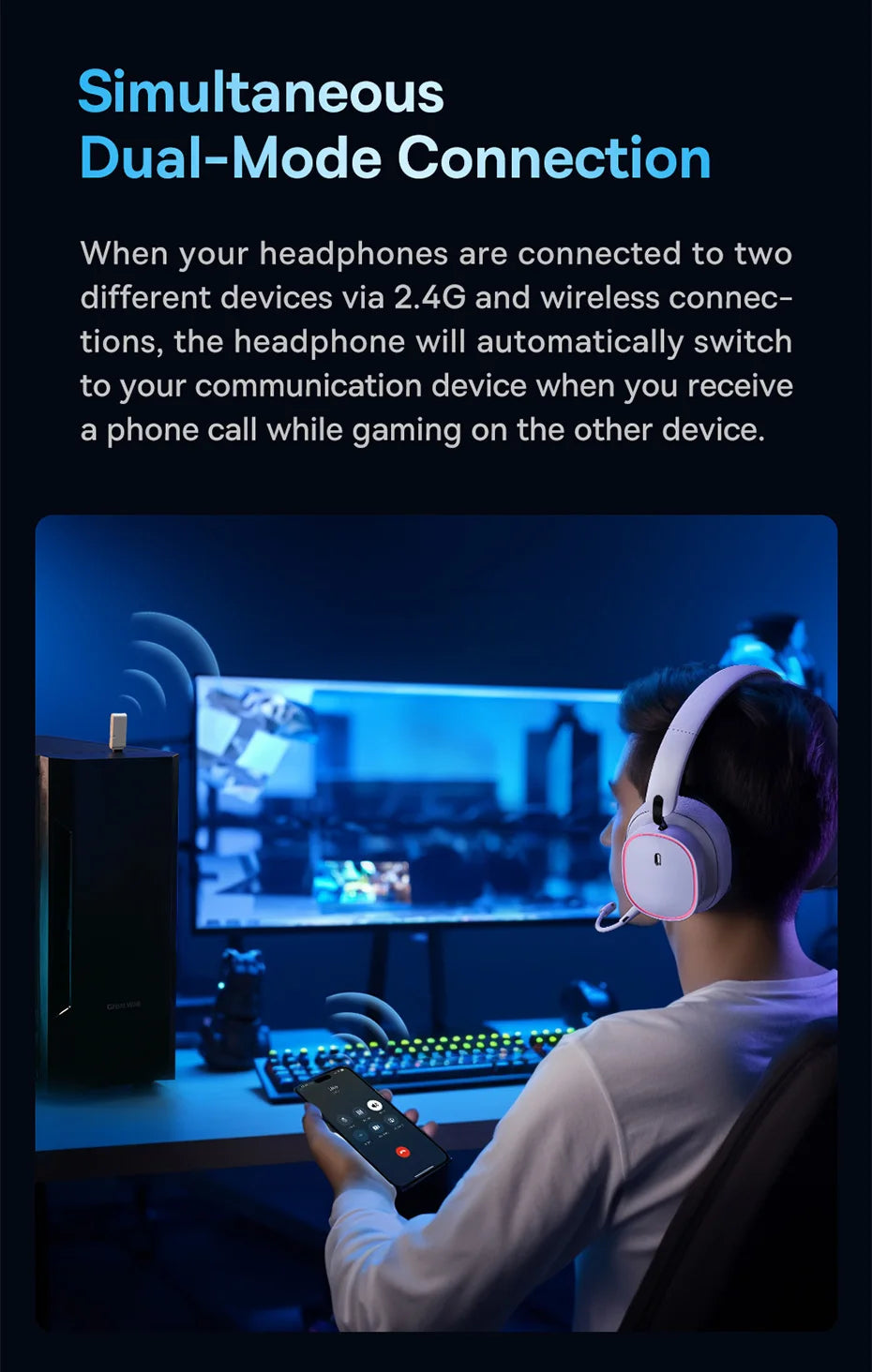 Baseus GH02 Wireless Gaming Headsets with Mic Headphones Bluetooth 5.3 40mm Driver 2.4G/Wireless/Cable RGB Overhead Headphone