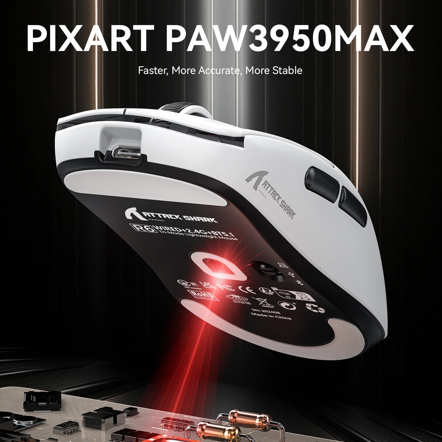 ATTACK SHARK R6 Ultralight 39g Wireless 8K Gaming Mouse, PAW3950MAX Sensor, Nordic 52840, 42K DPI, 2.4G/BT/Wired, for PC/MAC