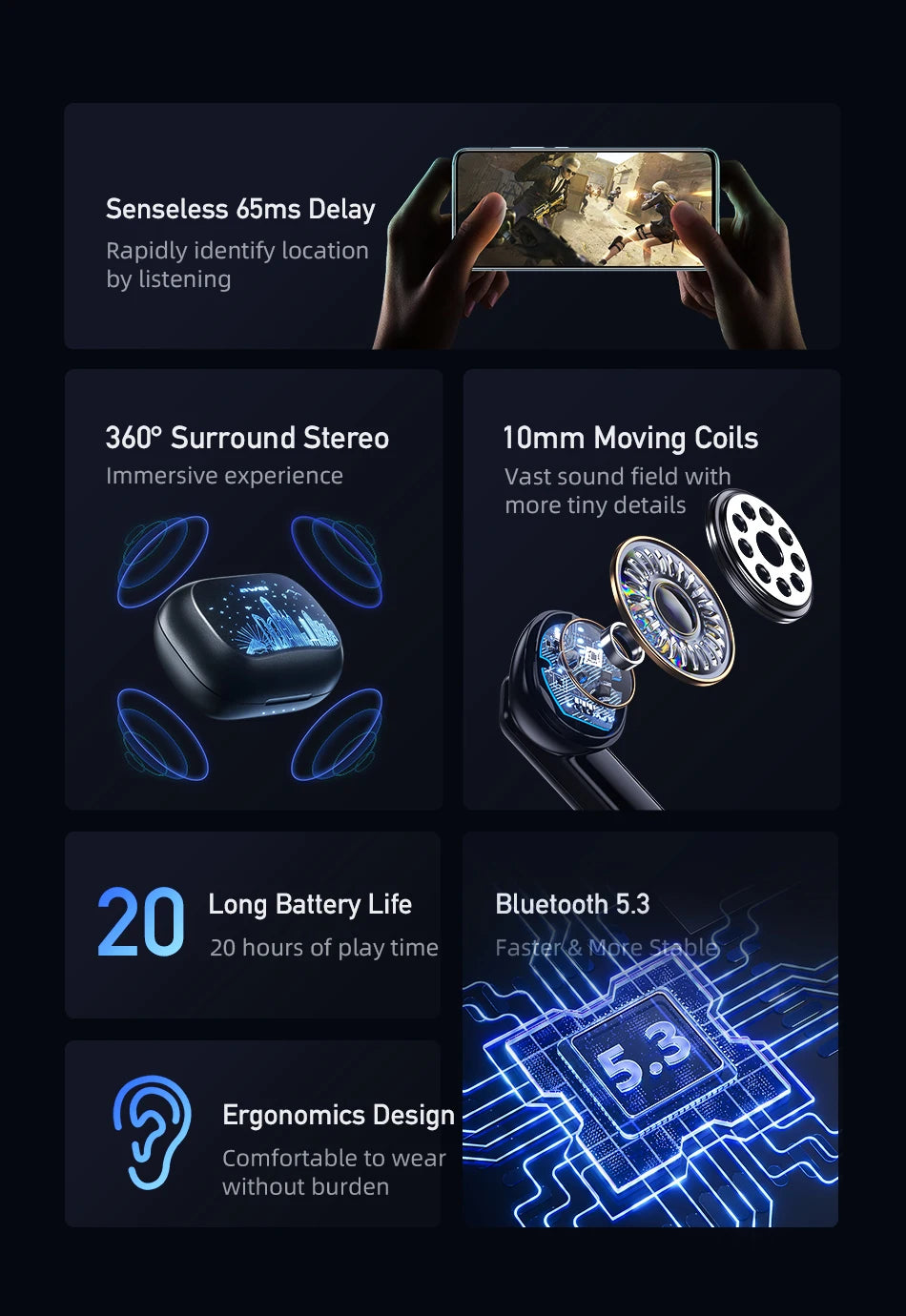Awei T53 TWS Bluetooth Earbuds Gaming Wireless Headphones Call Noise Reduction Earphones with Shenzhen HongKong RGB Light