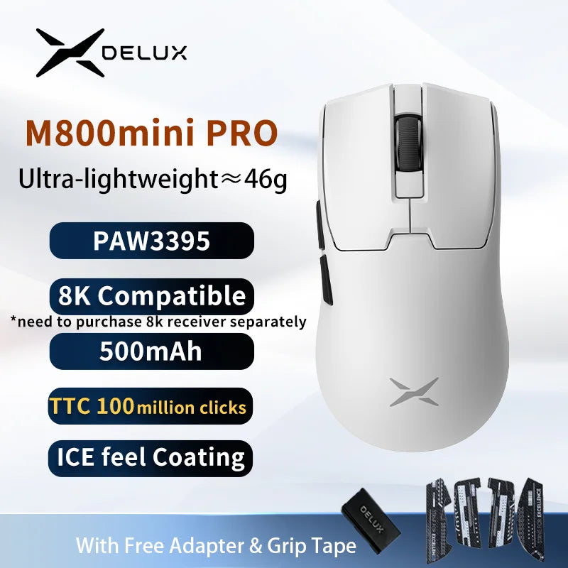 Delux M800mini Wireless Gaming Mouse, 46g Lightweight,PAW3395/PAW3311,1KHz Polling Rate for Small to Medium Hand PC Gamer