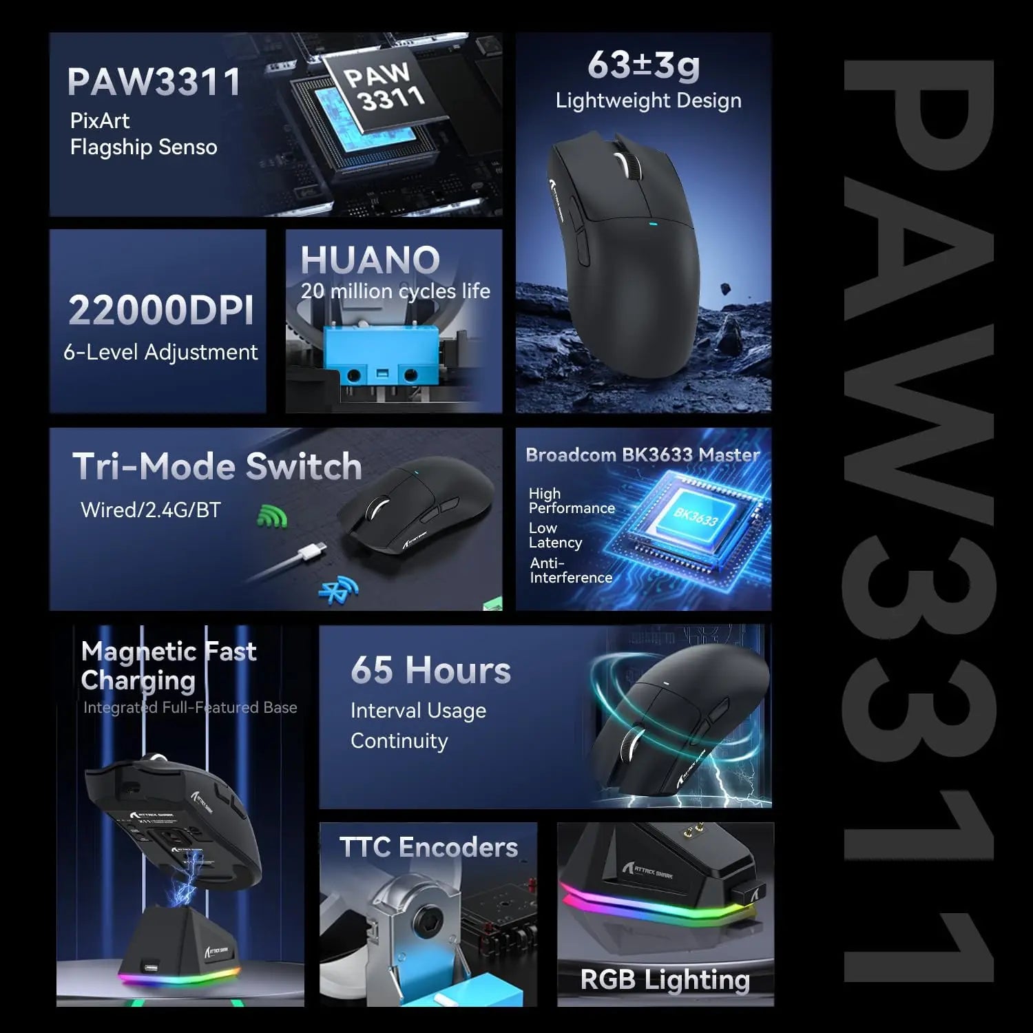 MAMBASNAKE x ATTACK SHARK X11 Gaming Mouse with Magnetic Charging Dock, PixArt PAW3311 Gaming Sensor