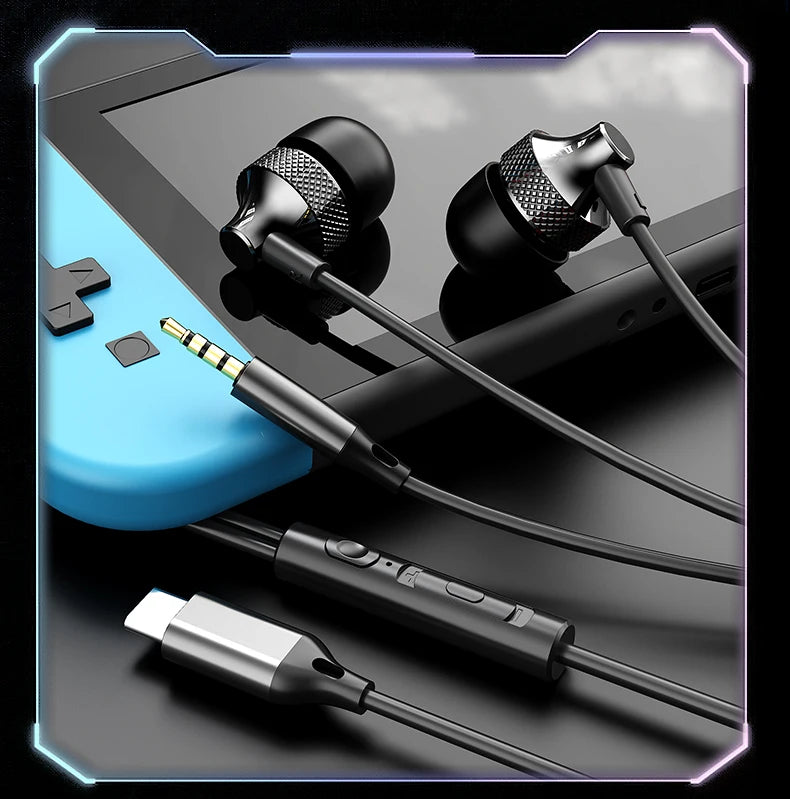 For Samsung Galaxy Gaming Wired Headphones Type C 3.5mm Heavy Bass In-Ear Earphones With Mic Phone Tablet PC HIFI Music Earbuds