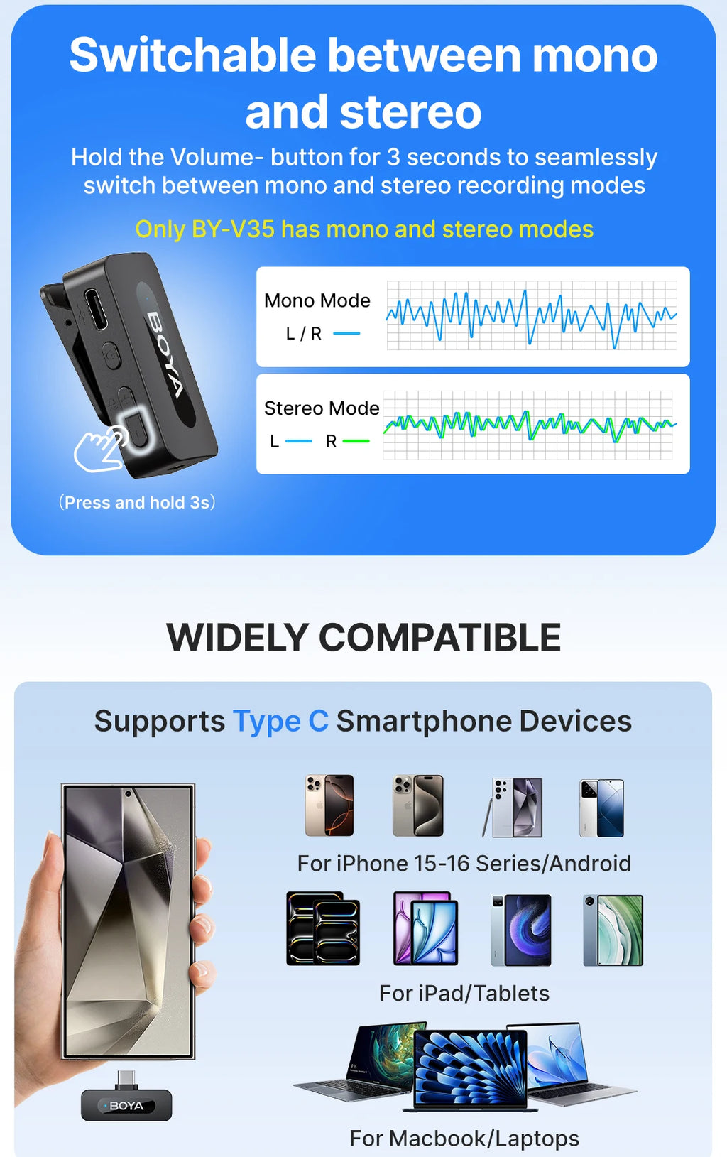 BOYA BY-V3 Wireless Lavalier Lapel Mirophone Noise-cancelling Rechargeable Mic for iPhone Android Camera Live Streaming Vlogging