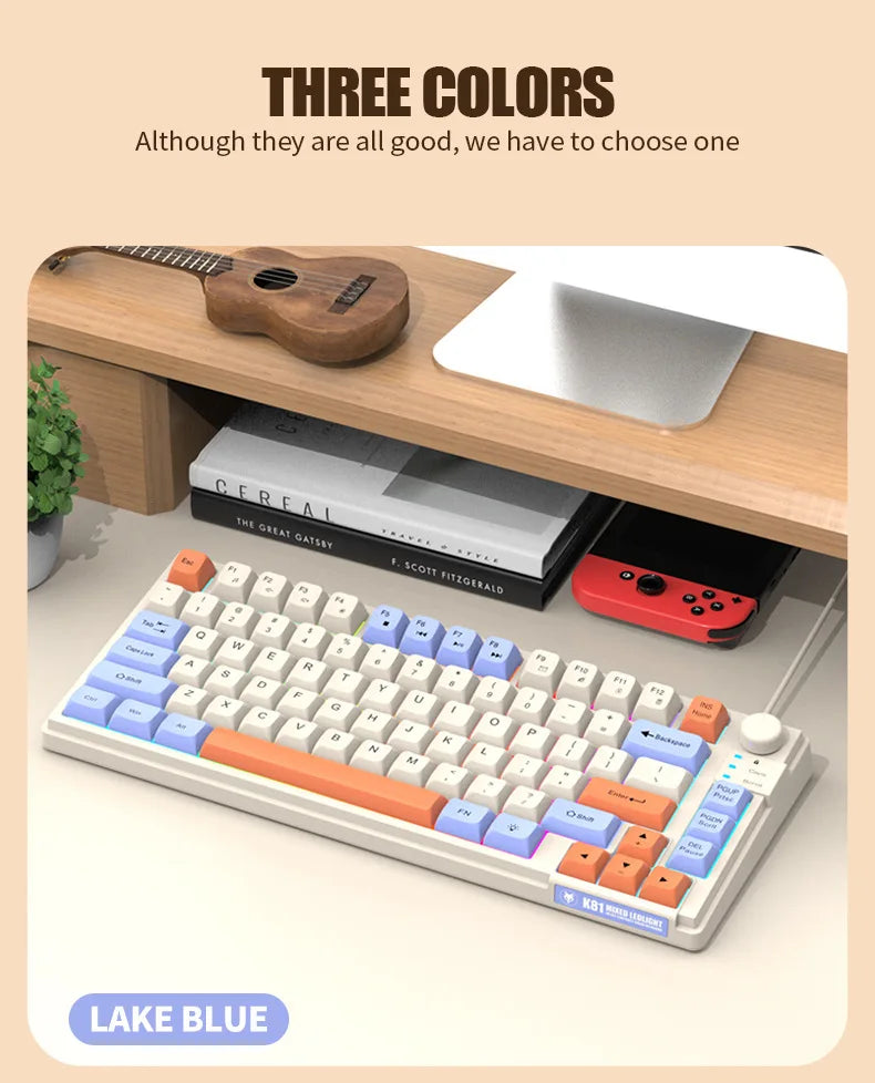 Keyboard K81 Gaming Keyboard 81 Key 80% Layout Spanish Russian Korean Arabic Keyboard USB Wired RGB Light Volume Knob Ergonomics