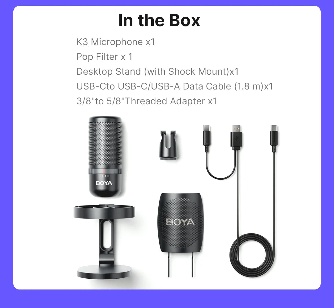 BOYA K3 USB Condenser Microphone with RGB Control/Headphone jack/Mute,MIC for PC Gaming Recording Streaming AmpliGame Podcasting