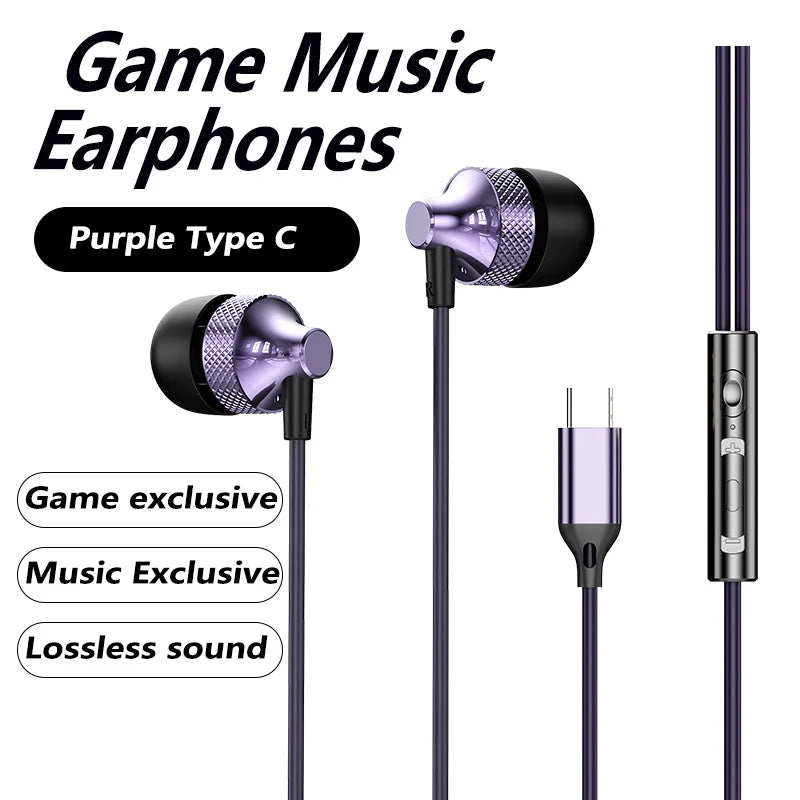 For Samsung Galaxy Gaming Wired Headphones Type C 3.5mm Heavy Bass In-Ear Earphones With Mic Phone Tablet PC HIFI Music Earbuds