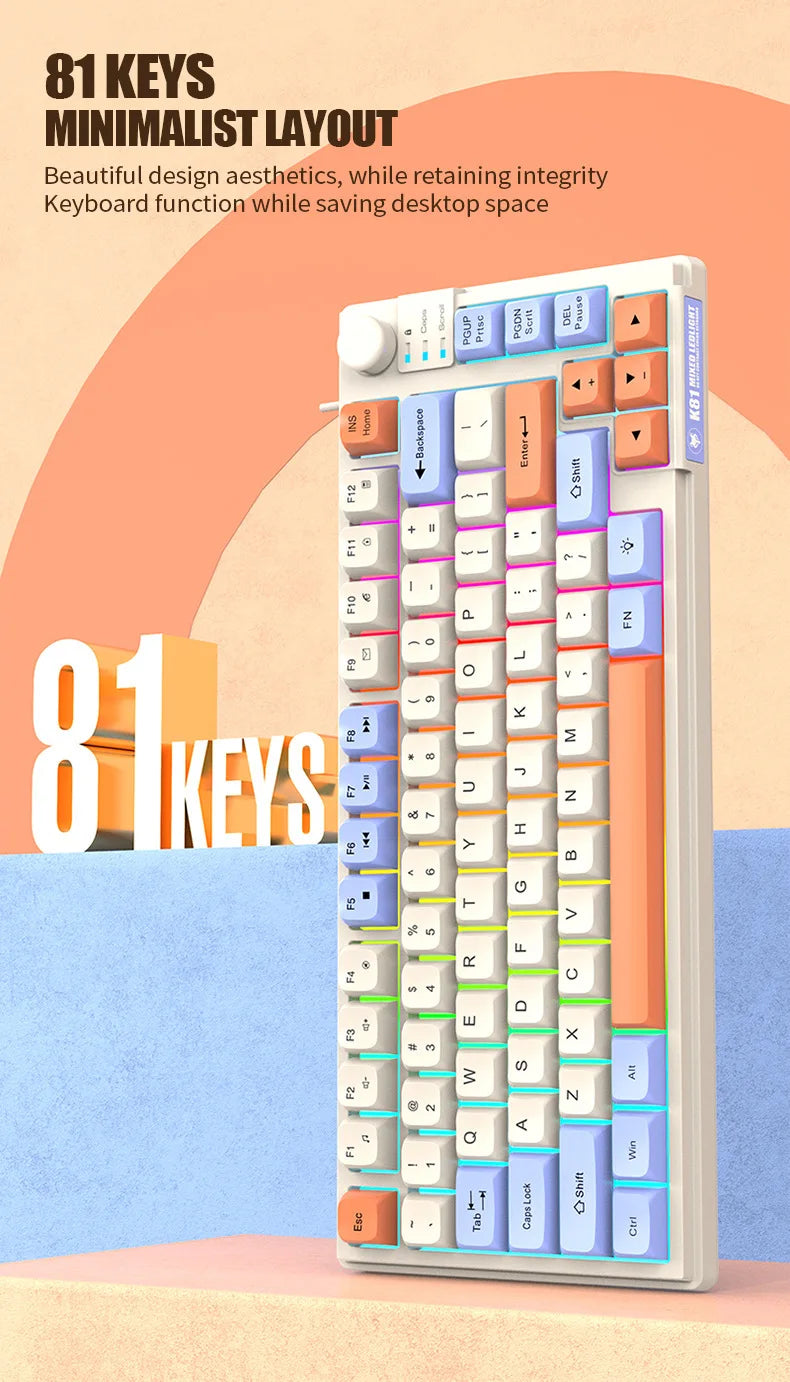 Keyboard K81 Gaming Keyboard 81 Key 80% Layout Spanish Russian Korean Arabic Keyboard USB Wired RGB Light Volume Knob Ergonomics