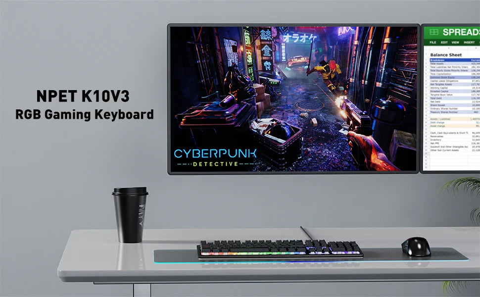 NPET K10V3 Gaming Keyboard, 104 Keys Wired, with RGB Backlit, for Windows Laptop PC black
