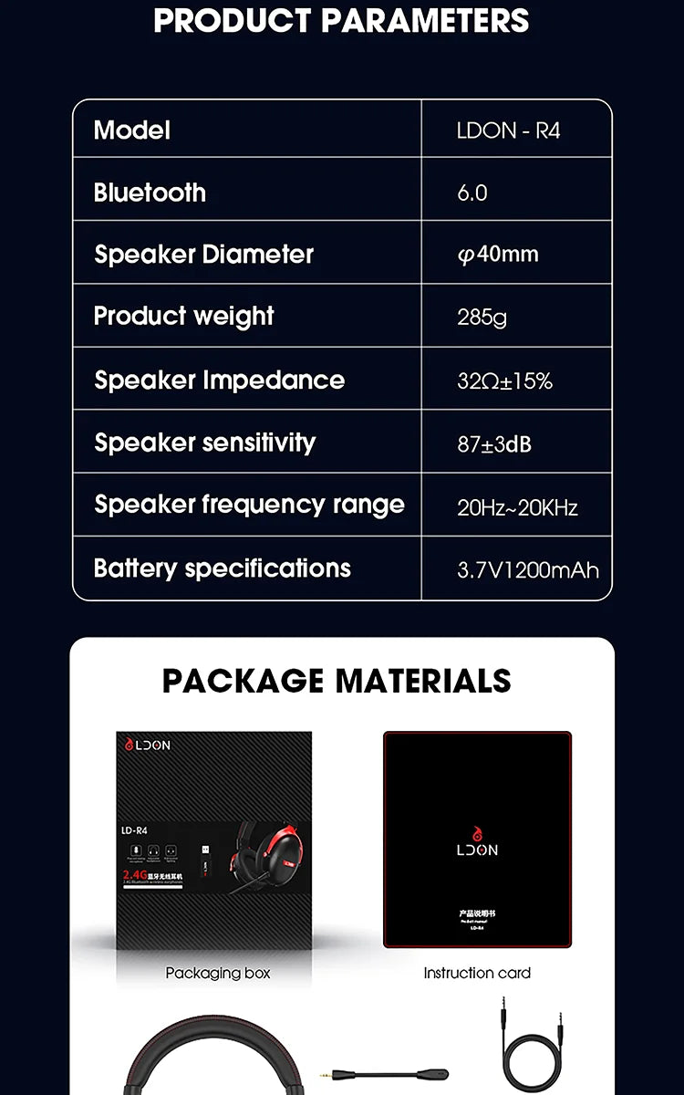 LDON F04 Gaming Wireless Headphone with Mic Over-Ear Headphones Bluetooth 5.3 40mm Driver 2.4G/Wireless Game Headsets