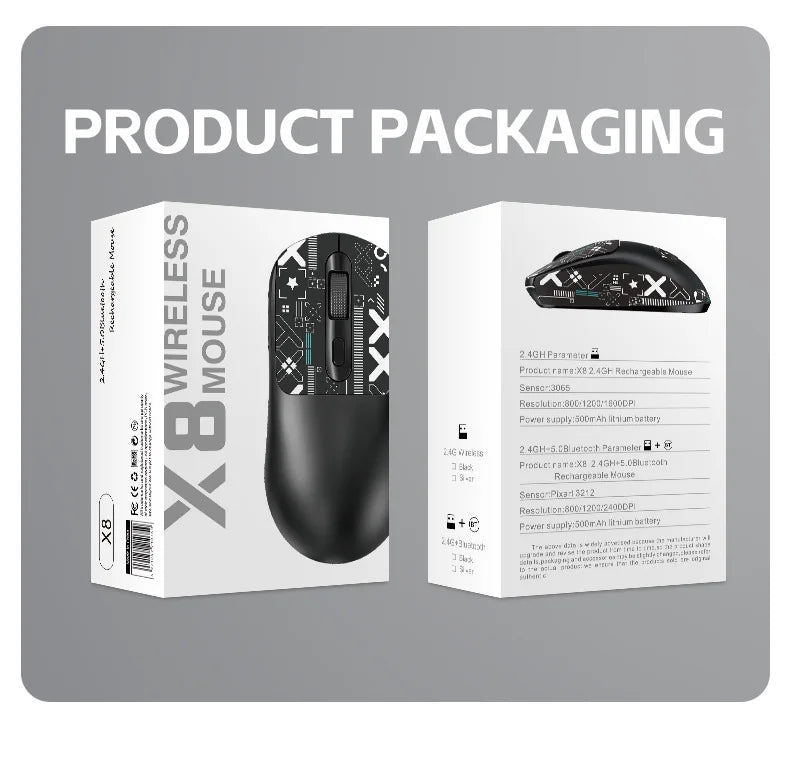 X8 Lightweight Wireless Gaming Mouse with 3 Mode 2.4G USB-C Wired BT 26K DPI PAW3395 Optical Sensor for PC/Laptop/Win/Mac