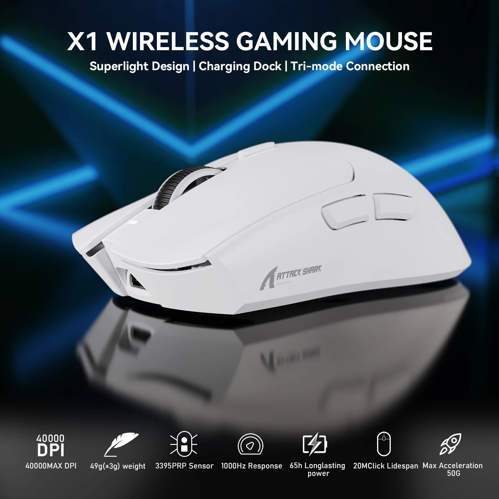 ATTACK SHARK X1 Ultralight Wireless Gaming Mouse with Magnetic RGB Charging Dock,PixArt PAW3395 Pro Sensor,40000DPI for PC/Mac