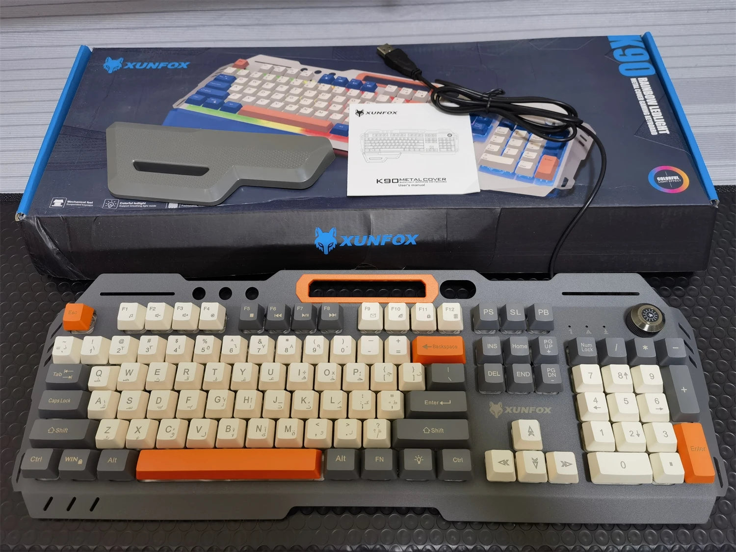 Gaming Keyboard 100% Layout Mechanical Feel 104 Key Spanish Russian Korean Arabic Keyboard Gamer Wired RGB Volume Knob Mouse K90