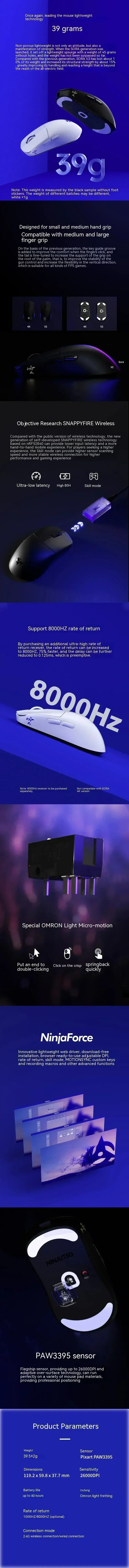 Ninjutso Sora V2 Gaming Mouse 8k Paw3395 Sensor Lightweight 2.4G Wireless USB Customized Dual Mode Mice PC E-Sports Accessories