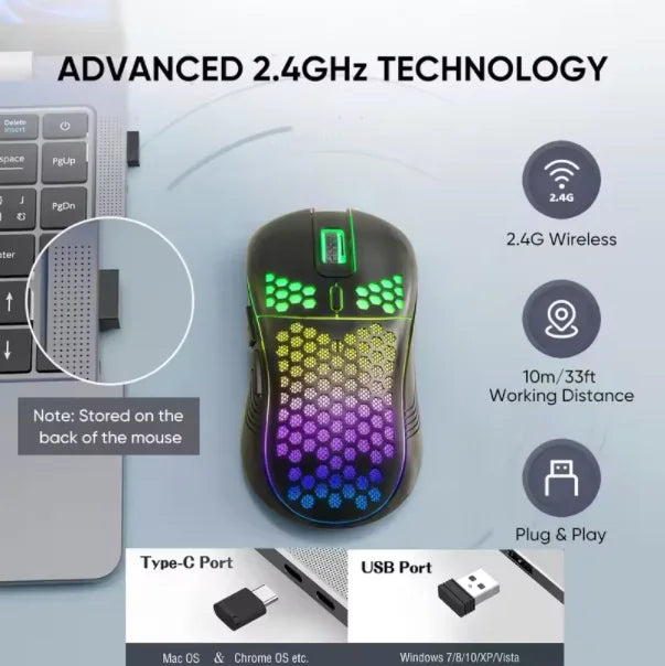 2.4G USB and Type-C Wireless Gaming Mouse RGB Backlight Rechargeable Adjustable DPI Ergonomic Mice for PC Laptop Mac Android