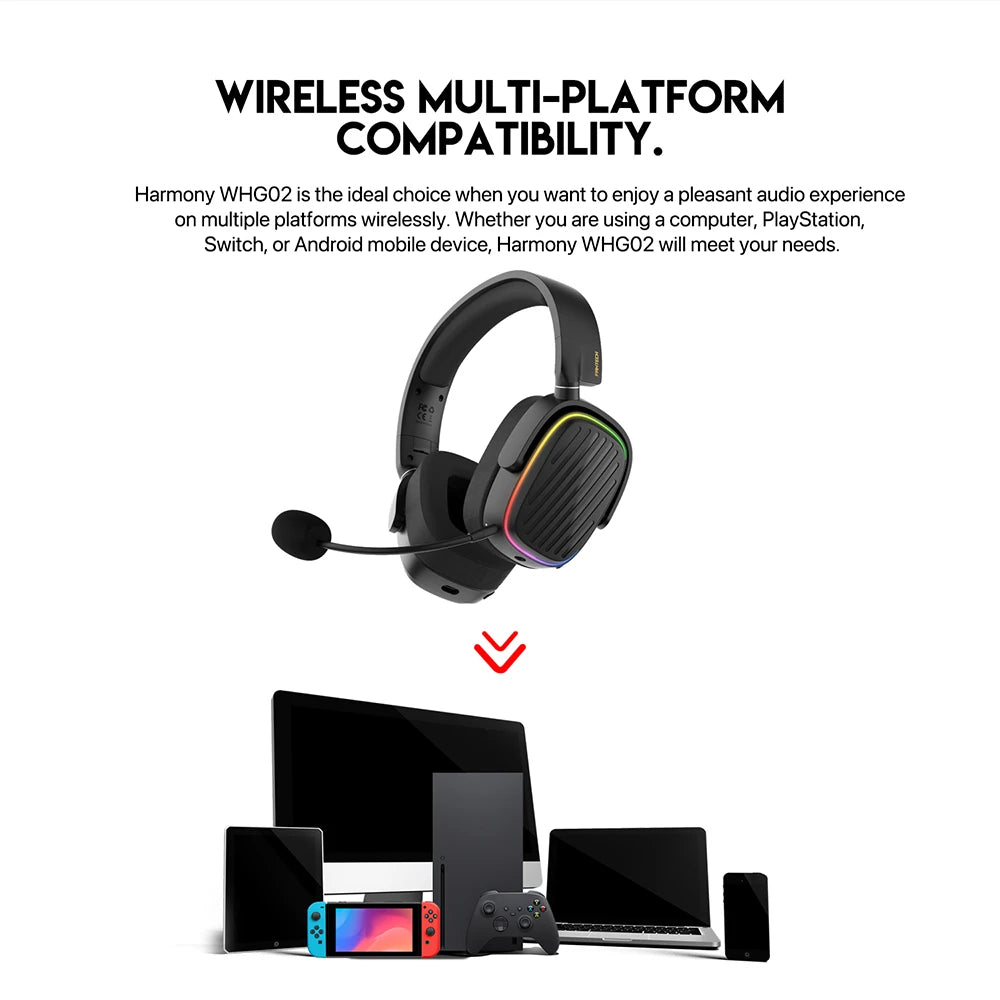 FANTECH Harmony PRO WHG02P 7.1 Surround Sound Gaming Headset Bluetooth 5.3 2.4G Wireless Headphones With Detachable Mic