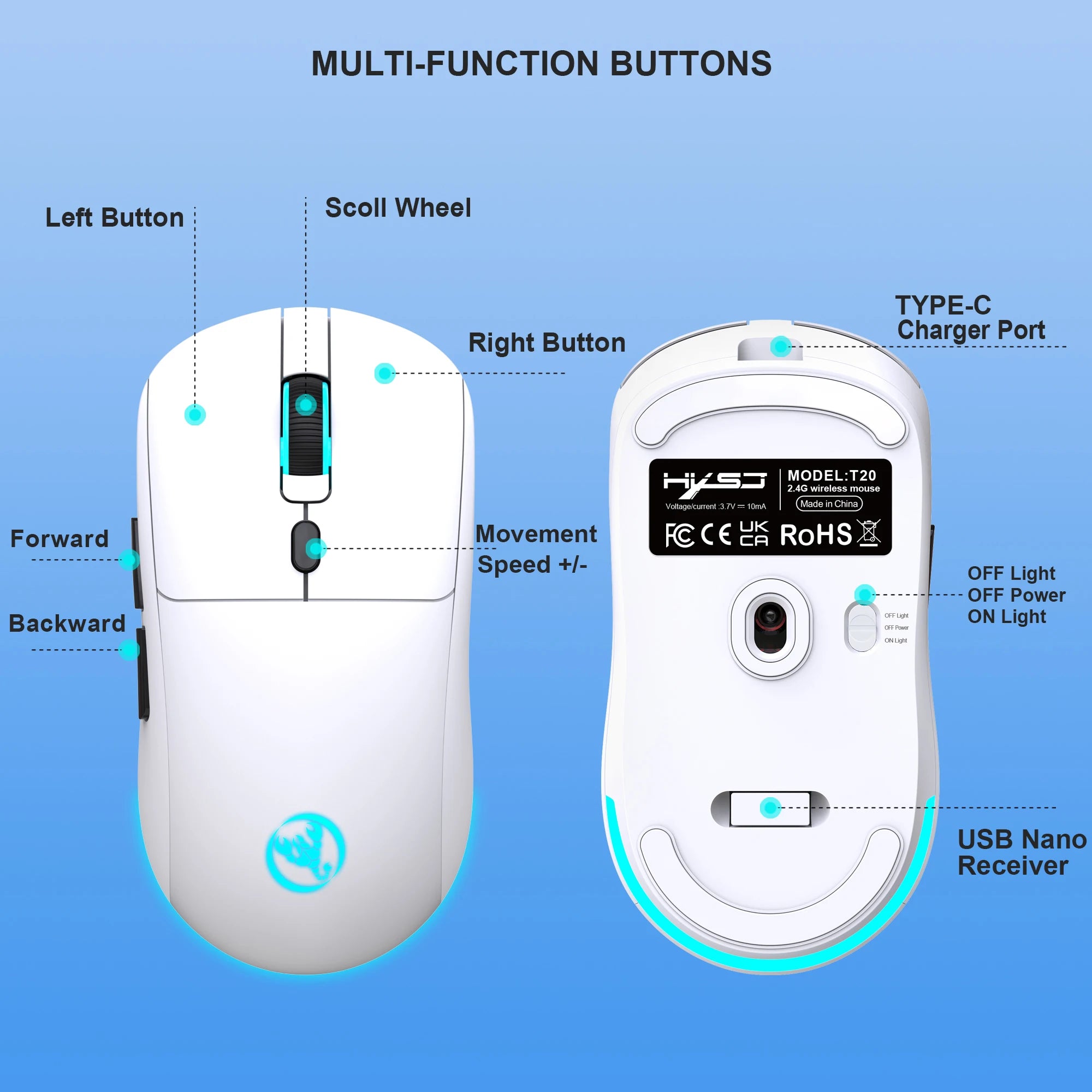 HXSJ 2.4G Wireless Rechargeable Mouse Ergonomic PAW3212 Professional IC, 650mAh Battery, 6-key Optical Gaming mouse for laptop