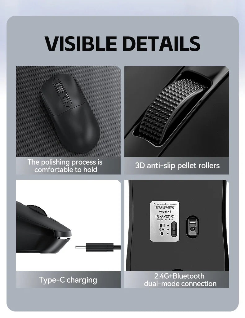 X8 Lightweight Wireless Gaming Mouse with 3 Mode 2.4G USB-C Wired BT 26K DPI PAW3395 Optical Sensor for PC/Laptop/Win/Mac