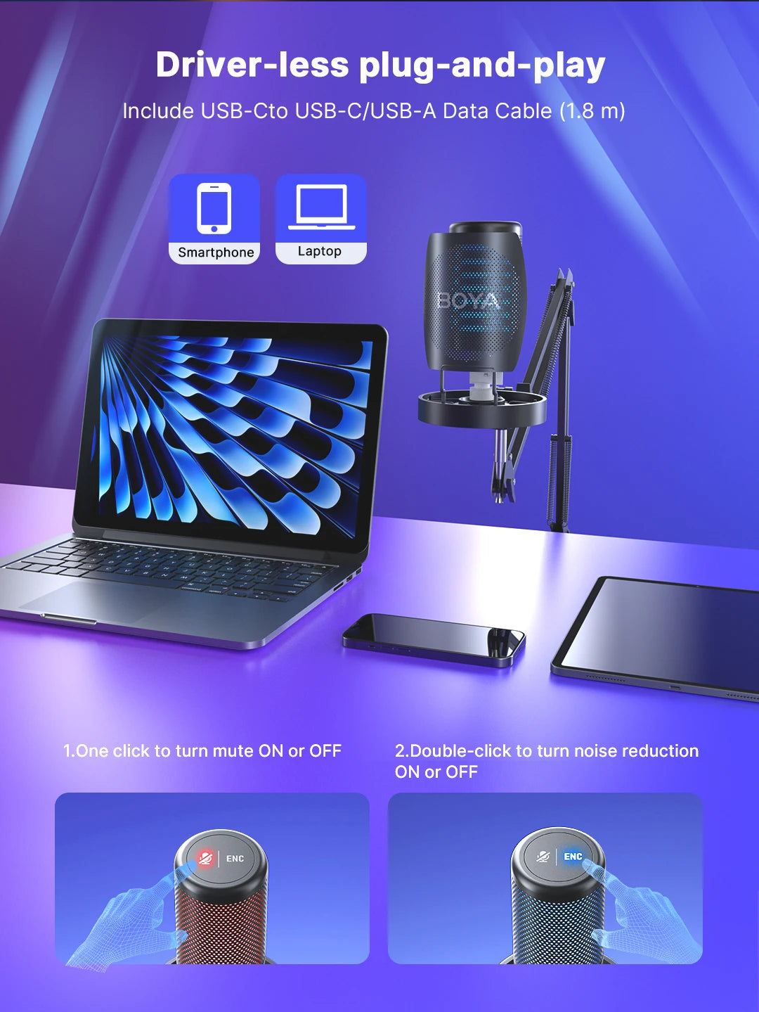 BOYA K3 USB Condenser Microphone with RGB Control/Headphone jack/Mute,MIC for PC Gaming Recording Streaming AmpliGame Podcasting