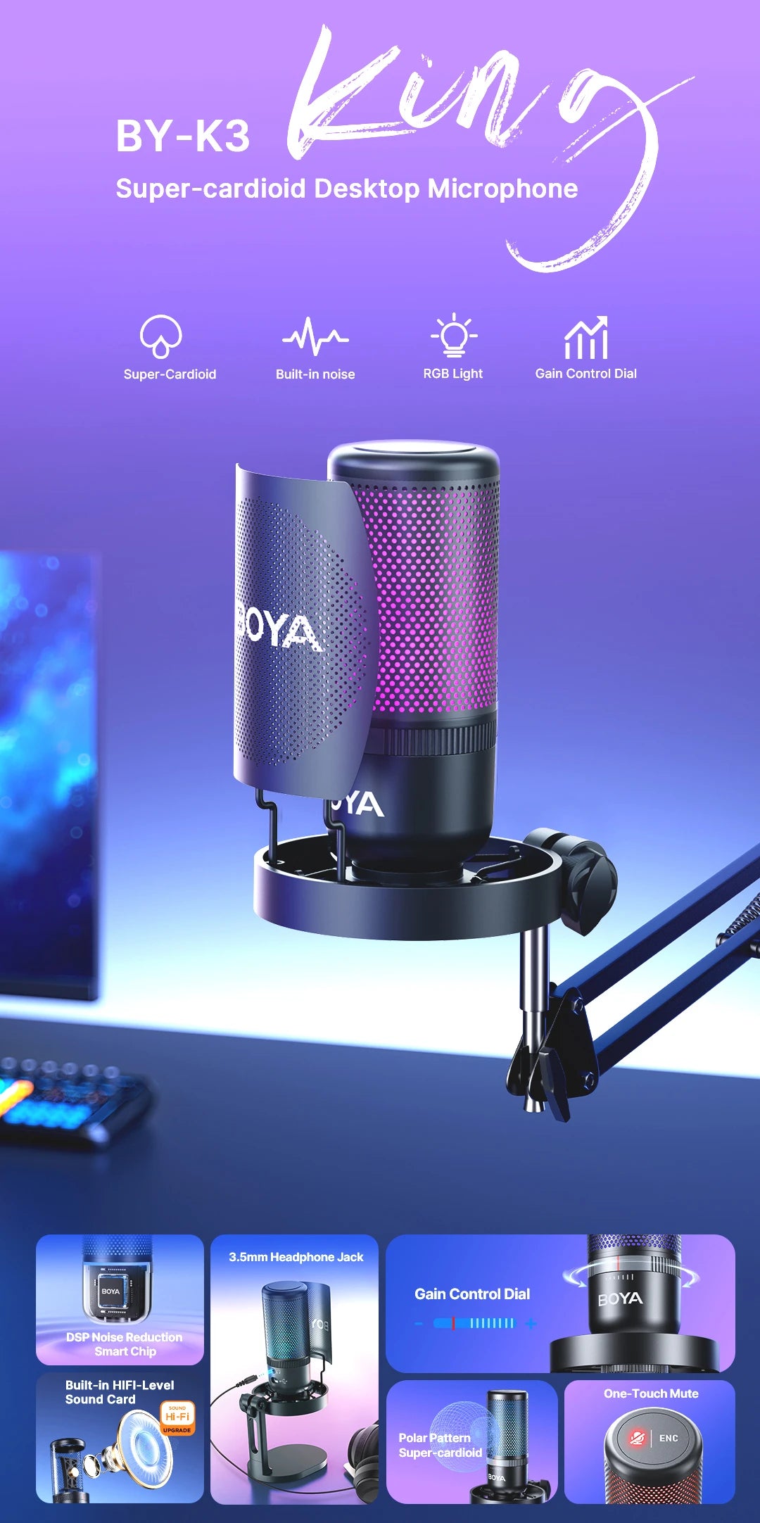 BOYA K3 USB Condenser Microphone with RGB Control/Headphone jack/Mute,MIC for PC Gaming Recording Streaming AmpliGame Podcasting