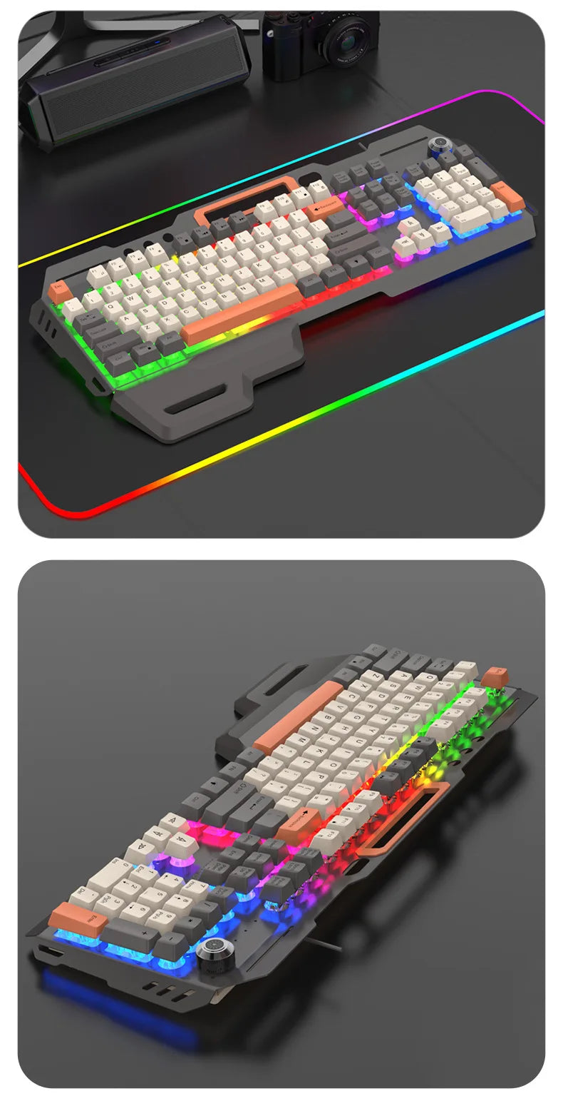 Gaming Keyboard 100% Layout Mechanical Feel 104 Key Spanish Russian Korean Arabic Keyboard Gamer Wired RGB Volume Knob Mouse K90