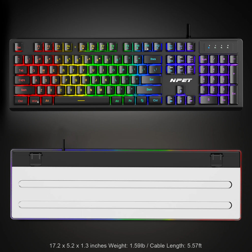 NPET K10V3 Gaming Keyboard, 104 Keys Wired, with RGB Backlit, for Windows Laptop PC black