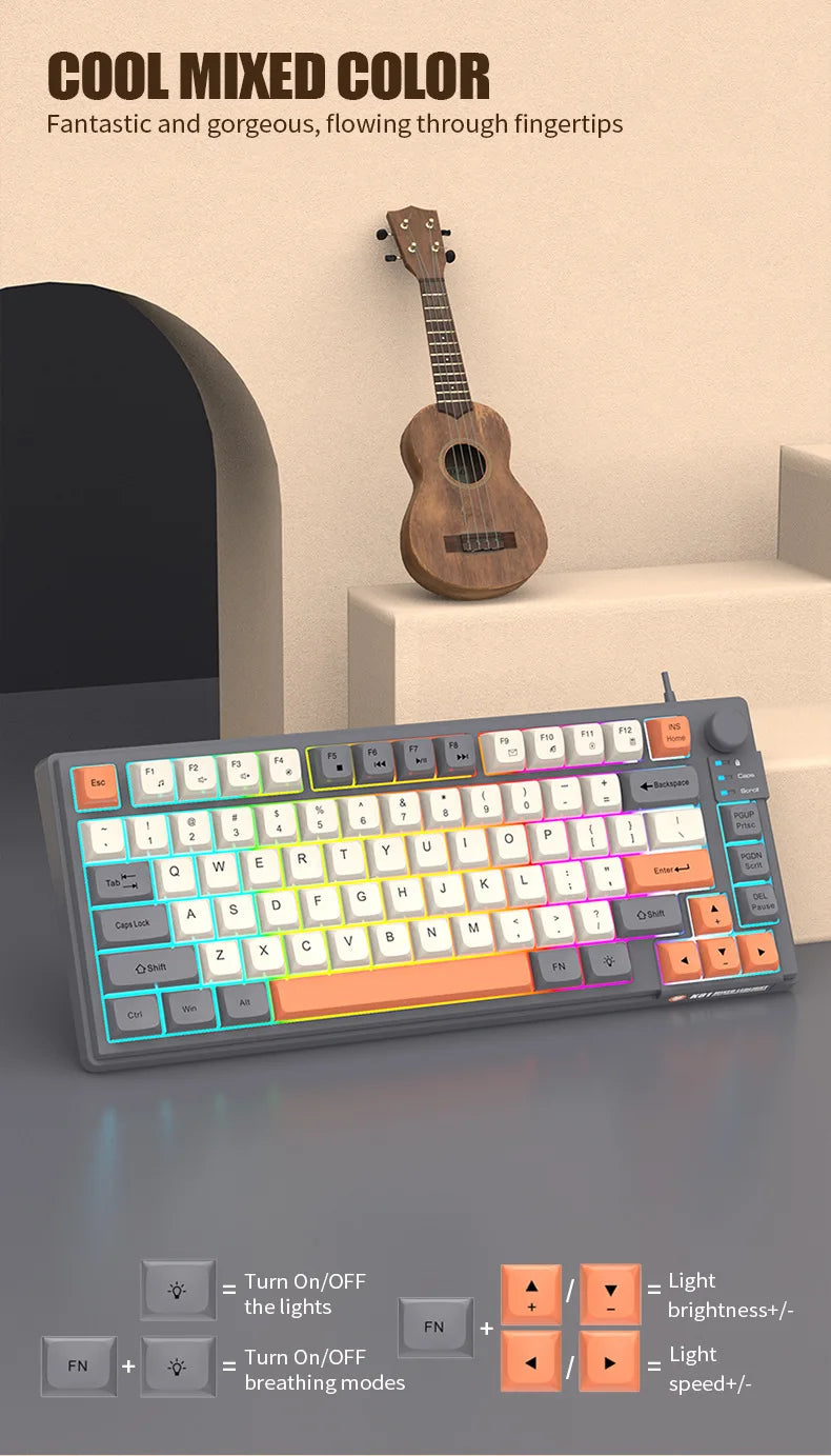 Keyboard K81 Gaming Keyboard 81 Key 80% Layout Spanish Russian Korean Arabic Keyboard USB Wired RGB Light Volume Knob Ergonomics