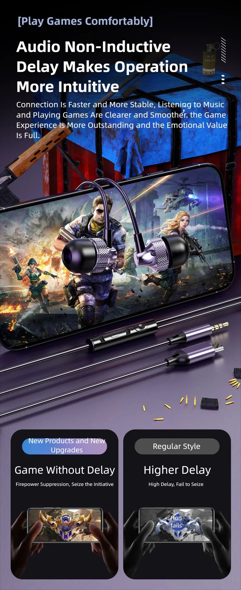 For Samsung Galaxy Gaming Wired Headphones Type C 3.5mm Heavy Bass In-Ear Earphones With Mic Phone Tablet PC HIFI Music Earbuds