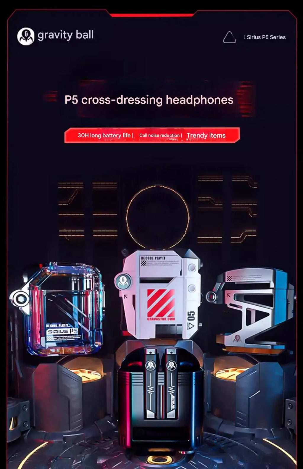 GravaStar P5 Bluetooth headset noise reduction HIFI sound quality long battery life semi-in-ear gaming mecha headset Gift