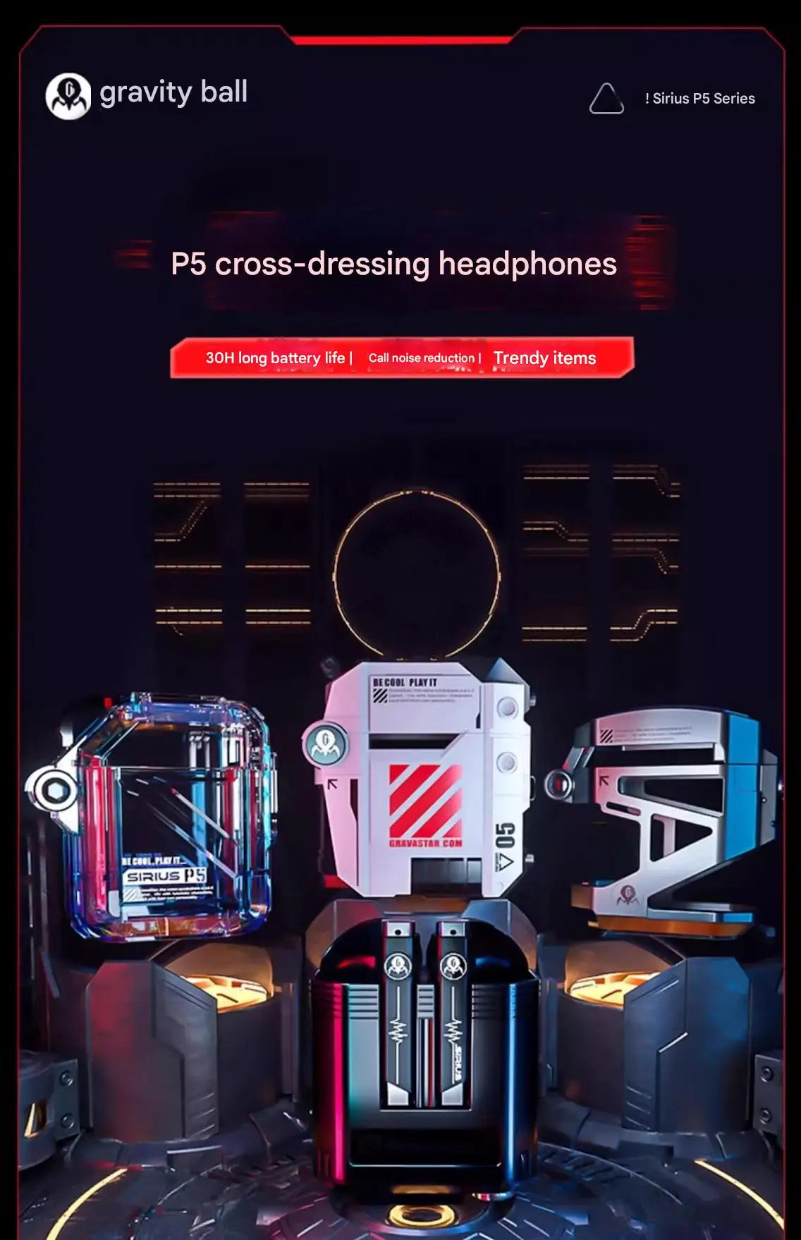 GravaStar P5 Bluetooth headset noise reduction HIFI sound quality long battery life semi-in-ear gaming mecha headset Gift