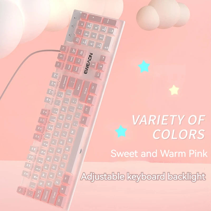 EWEADN GX320Z Pink Silent Office Keyboard, USB Wired Quiet Typing for Windows PC/Laptop,Office & Gaming, Ergonomic, Comfortable